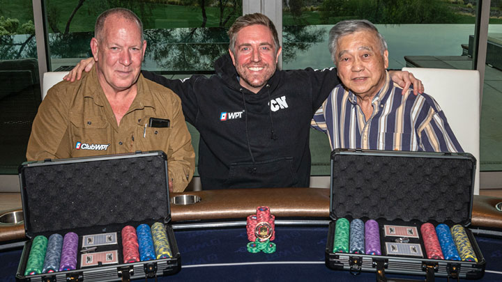 Photo of professional poker player and WPT Ambassador Andrew Neeme flanked by ClubWPT members Tracy McCarty and Jack Lin at the Phil Ivey Home Game in Las Vegas