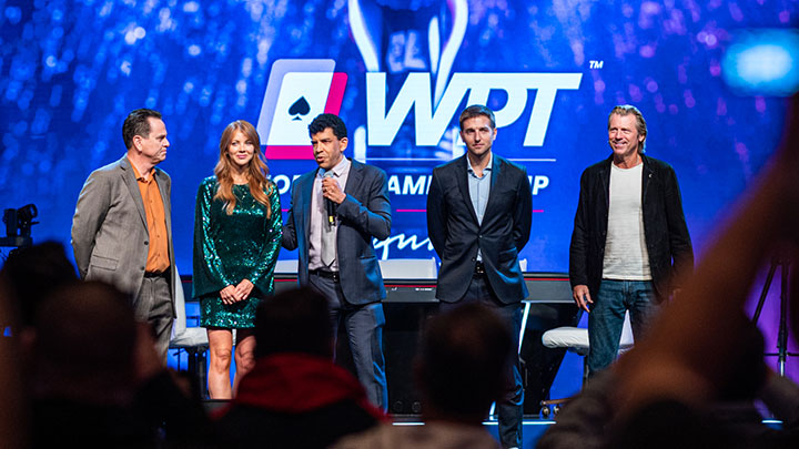Group photo of WPT CEO Adam Pliska, WPT TV Show Host Lynn Gilmartin, Vince Van Patten, Matt Savage, and Tony Dunst