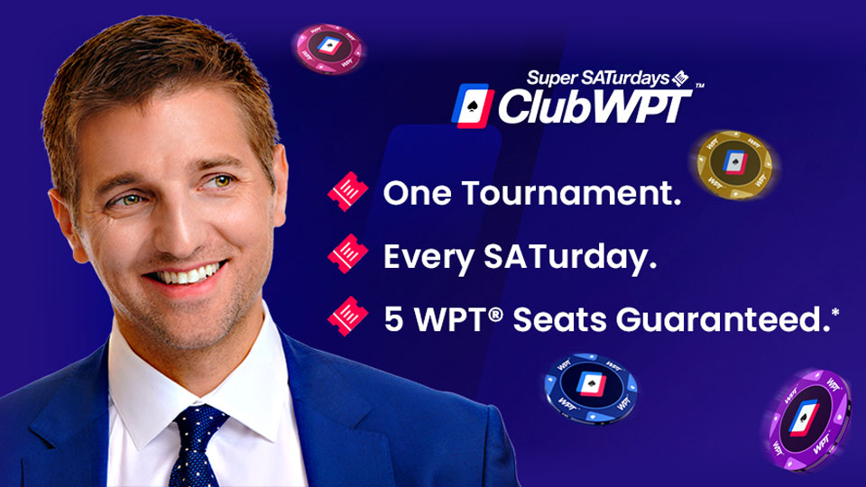 ClubWPT Super SATurdays promotional graphic featuring WPT Commentator Tony Dunst